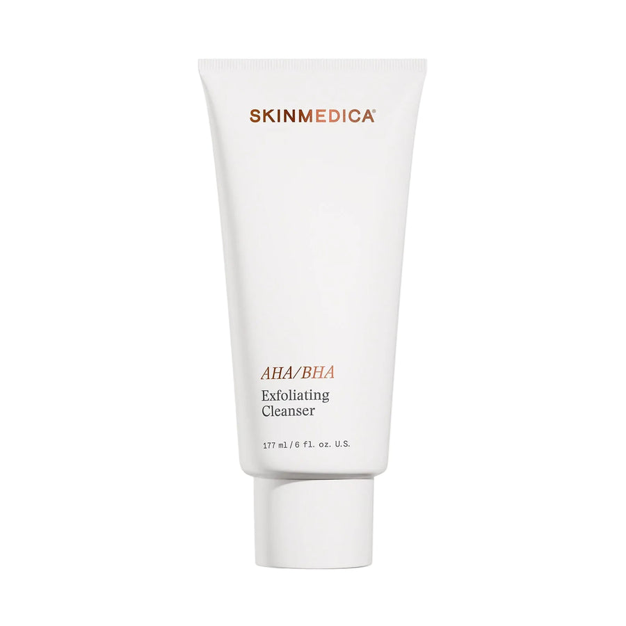 Primery: SkinMedica AHA/BHA Exfoliating Cleanser tube on a white background